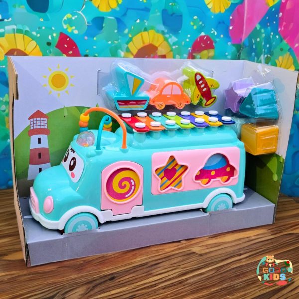 Xylophone Music Bus with colorful keys, shape sorting windows, and geometric blocks for early learning