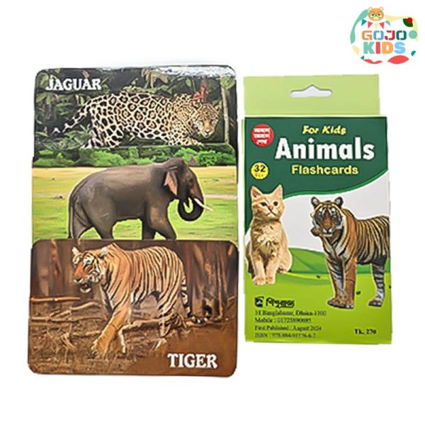 Animals Flash Card set with colorful pictures of lions, tigers, and elephants for kids learning