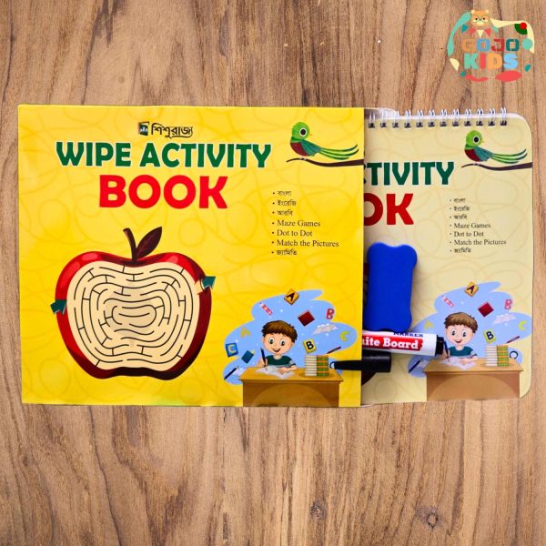 Wipe Activity Book for kids with laminated pages, markers, and a duster for writing practice