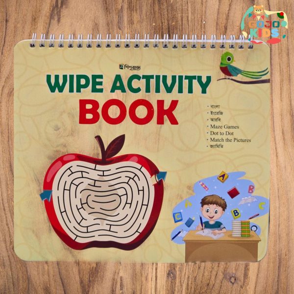 Wipe Activity Book for kids with laminated pages, markers, and a duster for writing practice